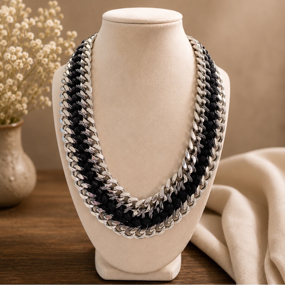 Doncaster Silver Tone & Black Braided Chain Statement Necklace